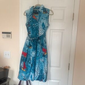 SAMANTHA SUNG Blue and Red Sailboat Print Midi Dress